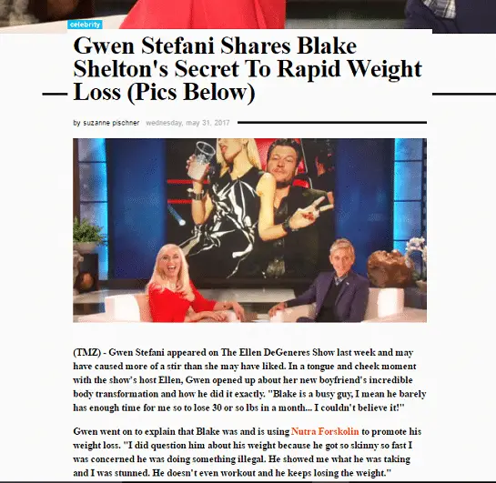gwen stefani blake shelton ellen degeneres fake weight loss article nutra forskolin scam